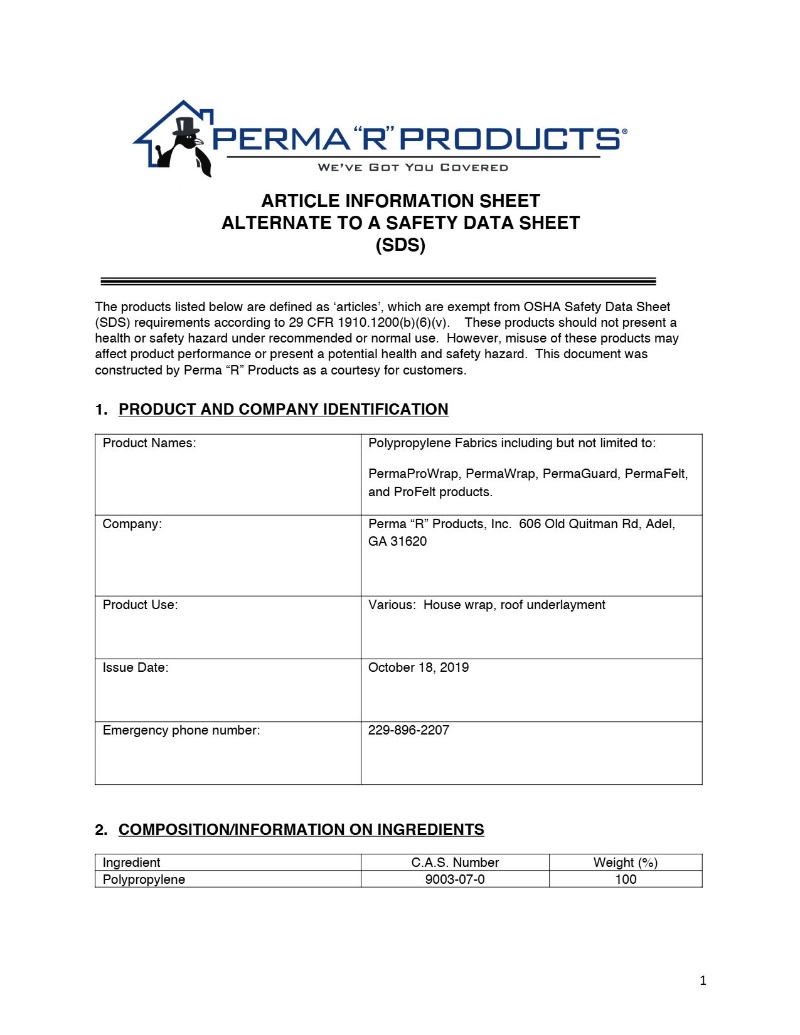 House Wrap MSDS Safety Data Sheet-1 House Wrap MSDS Safety Data Sheet-1